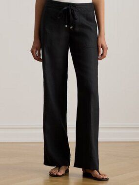 Lauren Ralph Lauren Black Linen Wide Leg Pants Women 12 Minimalist Classic Chic